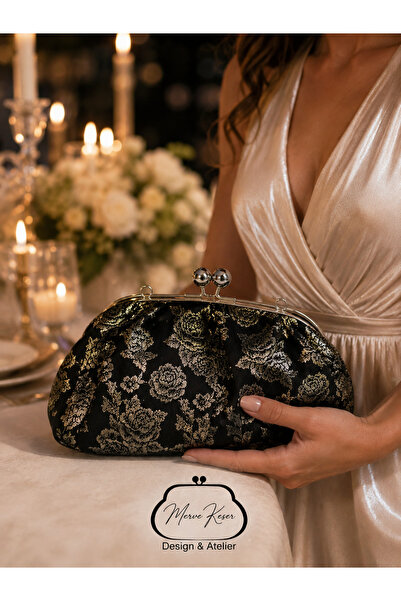 mk bags Işıltılı Çok Renkli Floral Desenli Payetli Siyah Ahşap Kapaklı Abiye ...
