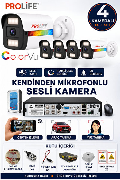 PROLİFE 4 Lü Sesli Güvenlik Kamerası 5 Mp Gece Renkli Yüz Ve Araç Tanımalı Fu...
