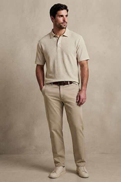 Maccali Men's Casual Textured Short Sleeve Beige Polo Collar T-Shirt