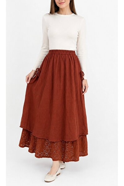TUGBA COLLECTION DANTEL İŞLEMELİ NAKIŞLI %100 PAMUKLU KETEN KATLI İTHAL ETEK