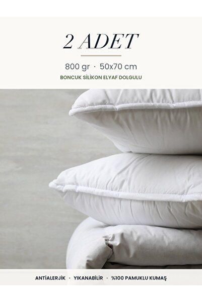 Binna Soft Eco 2 Adet 800 gr Boncuk Silikon Elyaf Dolgulu Yastık 50x70 cm Antialerjik Yıkanabilir Otel Yastığı Seti