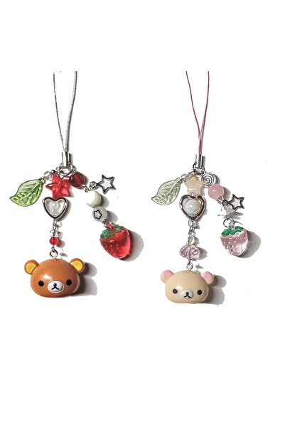 Miniso set Kawaii Rilakkuma Cartoon Bear Bell Phone Chain with Strawberry Bea...