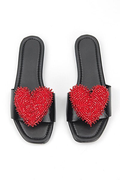 Gökhan Talay Ruby Heart Black Shiny Satin Handmade Beadwork Red Heart Detaile...