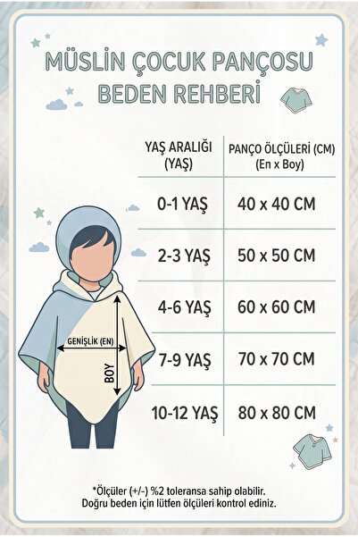 Babyiz Organik %100 Pamuk Müslin Desenli Çocuk Panço - Kapüşonlu Deniz, Havuz ve Banyo Havlusu