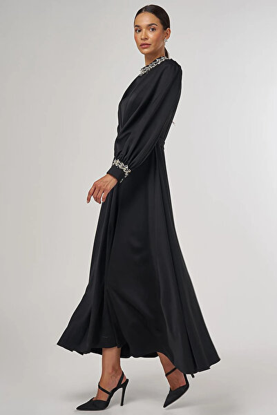 Kayra Draped Embroidered Satin Dress Black