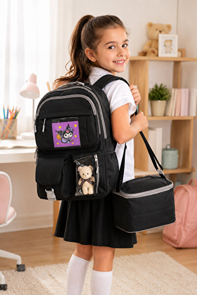 Catwins Girl's Black Kuromi 2-Piece School Bag Set with Accessories - Backpac...