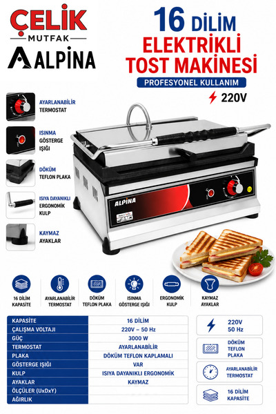 ALPİNA MUTFAK Alpina 16 Dilim Döküm Tost Makinesi Büfe Kantin Tipi Elektrikli...