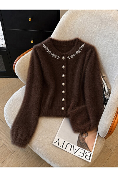 NATUFIAN STORE Women's Collar with Stone Detail, Furry Plush Look Basic Knitw...