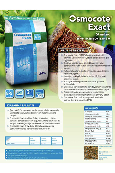 ICL OSMOCOTE Osmocote® Exact Standard 15-9-11 + 2MgO + TE | 8-9 Ay Kontrollü Salınımlı Gübre (1 kg)