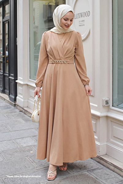 InStyle Double Breasted Collar Chain Belted Camel Dress