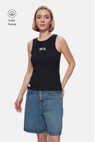 UCLA SALINAS Tricou negru pentru femei, cu mâneci zero, brodat, 100% bumbac, ...