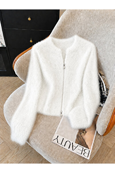 NATUFIAN STORE Women's Fuzzy Soft Double Zipper Basic Knitwear Cardigan