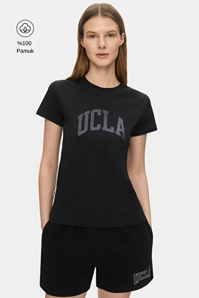 UCLA Isolde Black Crew Neck Glitter Printed Standard Fit Women's Tshirt