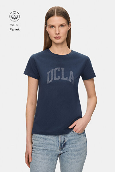 UCLA Tricou pentru femei Isolde bleumarin cu decolteu rotund cu imprimeu argi...
