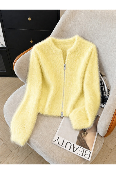 NATUFIAN STORE Women's Fuzzy Soft Double Zipper Basic Knitwear Cardigan