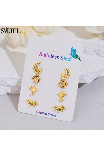 Choice3 002 gold 4Pairs/Lot Stainless Steel Simple Star Moon Earrings for Wom...