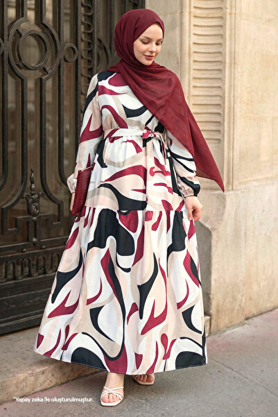 InStyle Kleid mit Gürtel und Delya-Stückmuster – Weinrot