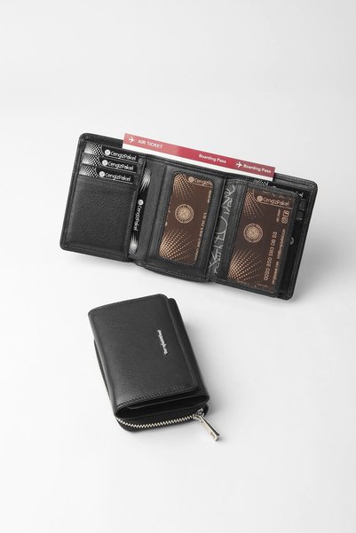 CENGİZ PAKEL Genuine Leather Women's Wallet-Portfolio 65275-Black