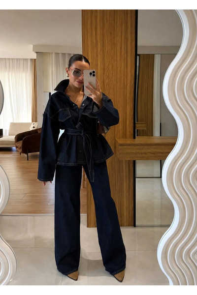 ÖNER Set din denim pentru femei, dark navy, cu jachetă oversize și pantaloni,...