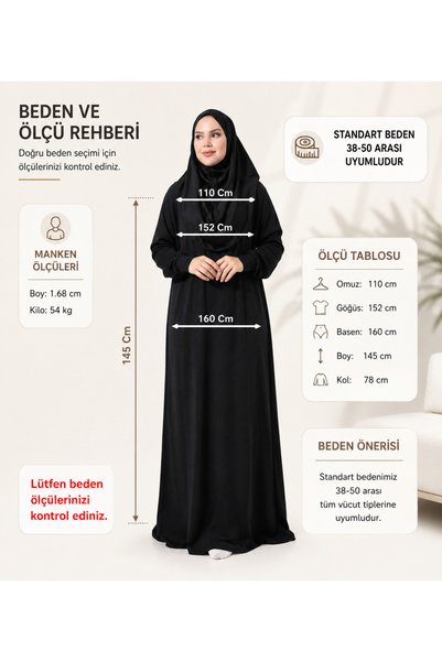 Berel Moda Namaz Dress Black One Piece Self Hijab Cuffed Sandy Knitted