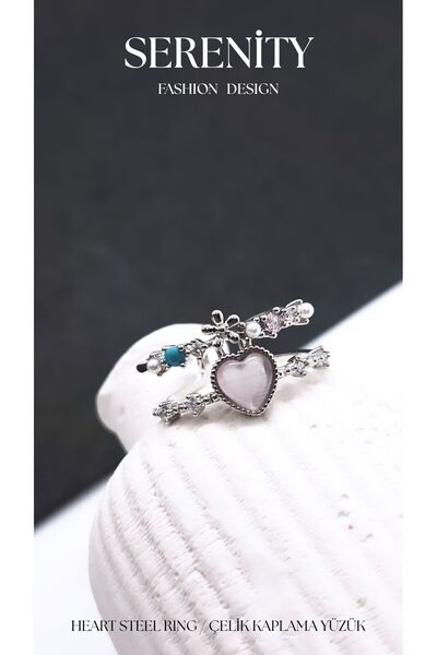 Serenity Heart Figured Double Strip Steel Plated Ring