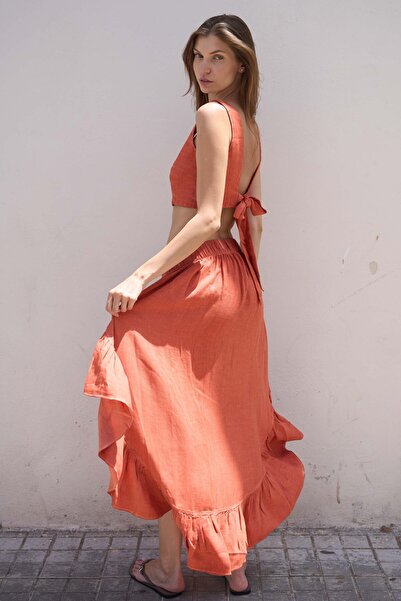 İKİKIZ Linen Terracotta Ruffle Skirt