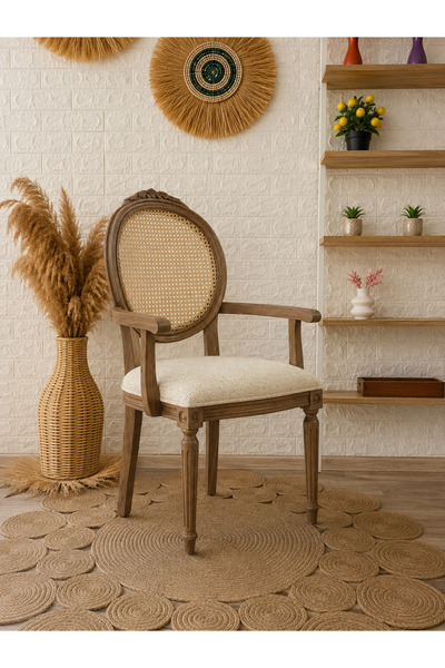 silla Kollu Madalyon Sandalye Teddy Krem Kumaş Oymalı Hasırlı Ceviz Ahşap San...