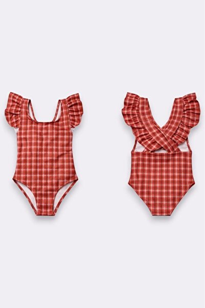 My Kids Wear Girl's Ruffle Detailed Stylish Design Cross Strap Swimsuit 12728