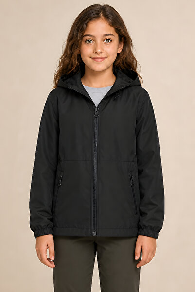 Montland Sports Girl's Black Lined Water and Windproof Hooded Raincoat with D...