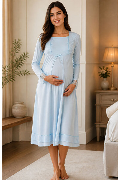 ByLohusa Cotton Maternity Nightgown with Breastfeeding Feature Effortt - Blue
