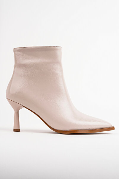 bakac store Women's Dora Beige Patent Leather Pointed Toe Heeled Boots