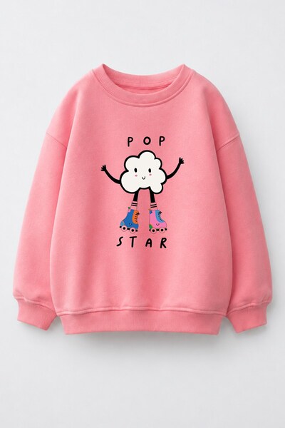 Monila Girl's 3 Thread Fabric Cotton Popcorn Printed Sweatshirt