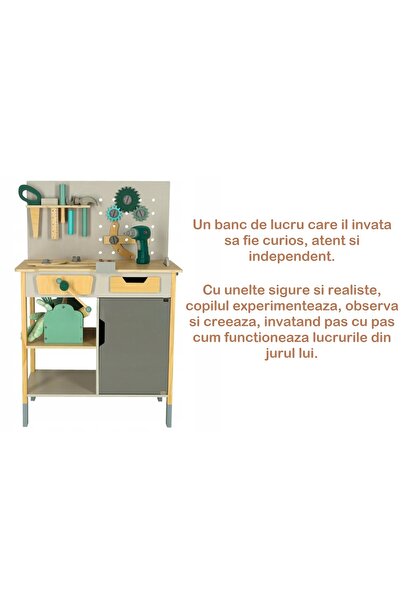 indiggo Banc de lucru LittleWorkshop din lemn pentru copii – unelte realiste, bormasina, verde/gri