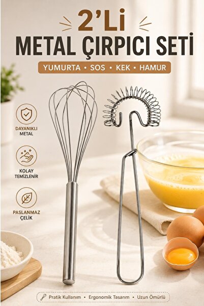Kitchen Beauty 2'Li Metal Çırpıcı Seti Pasta Kek Çırpma Teli Yaylı Yumurta So...