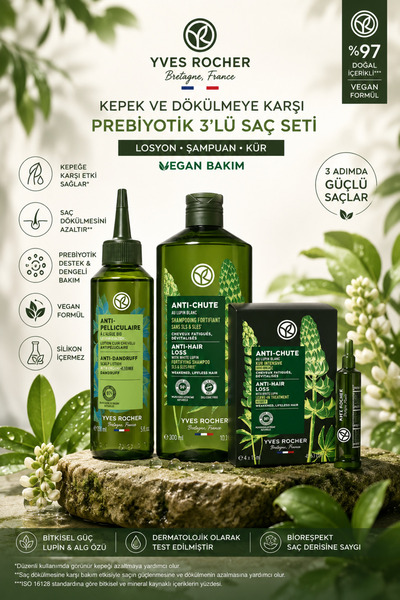 Yves Rocher Kepek ve Dökülmeye Karşı Prebiyotik 3’lü Saç Seti – Losyon, Şampu...