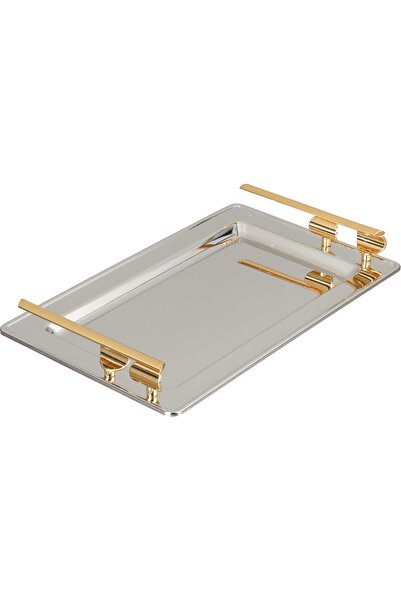 Alsaif Gallery Al Saif Gallery Steel Serving Tray, 30x18.5x1 cm - Silver Gold