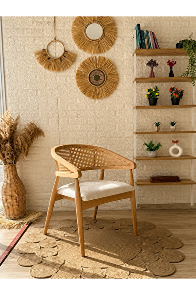silla Gazel Sandalye Teddy Krem Kumaş Hasırlı Naturel Ahşap Sandalye