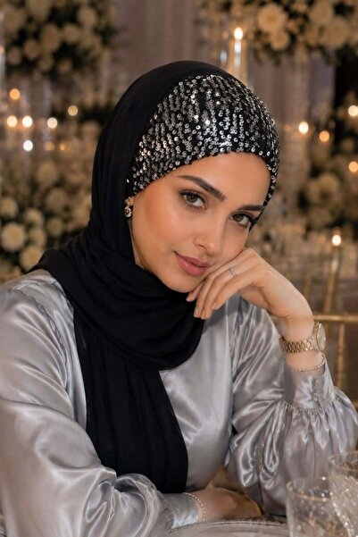 Aişe tesettür Siyah Gümüş Payetli Bandana Abiye Şal