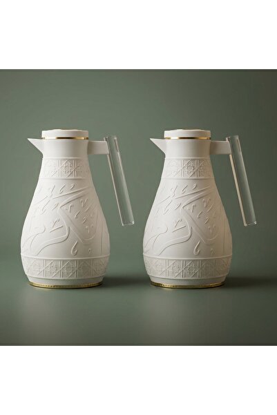 Alsaif Gallery Creamy Thermos Set With Islamic Engraving, Acrylic Handle, Two...