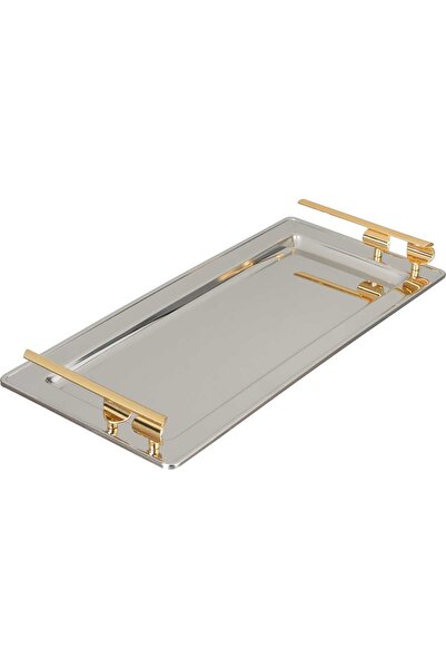 Alsaif Gallery Al Saif Gallery Steel Serving Tray, 40x18.5x5 cm - Silver Gold