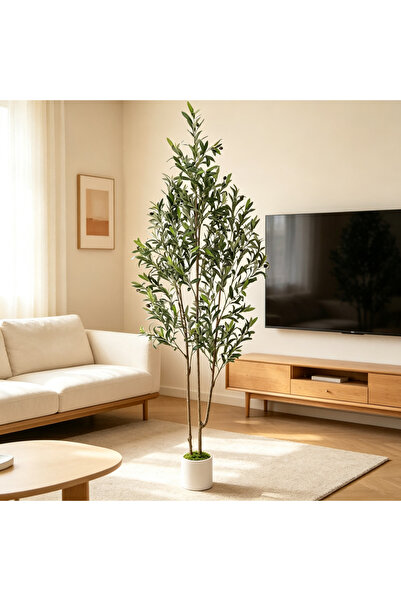 BESTONE 182cm Lifelike Double Trunk Faux Olive Tree, Adjustable Branches & De...