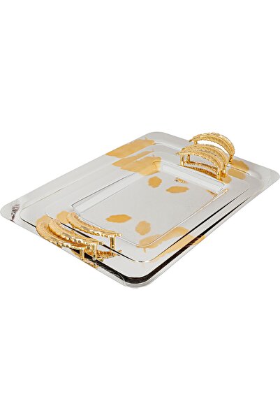 Alsaif Gallery Saif Gallery Serving Tray Set with Golden Handles, 3 Pieces - ...