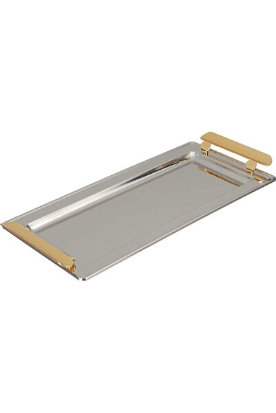 Alsaif Gallery Al Saif Gallery Steel Serving Tray, 40x18.5x1.7 cm - Silver Gold
