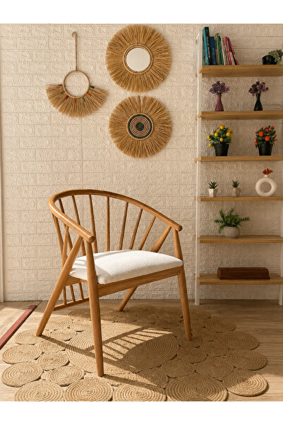 silla Kaburga Sandalye Teddy Krem Kumaş Natural Ahşap Sandalye
