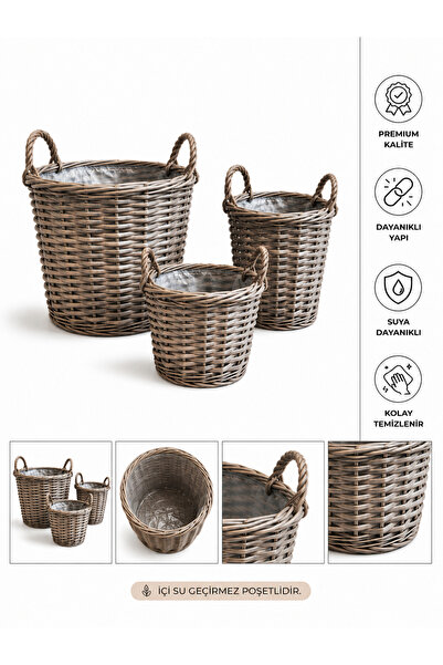 BitkiKapında Dekoratif Kulplu Poşetli Saksı ( Gri Rattan ) ( 30 cm çap - 25 c...