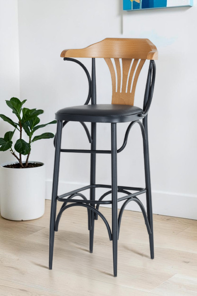 MYMASSA Üsküp Bar Sandalye - Siyah Deri - Siyah Metal İskelet - 75 Cm - Bar T...