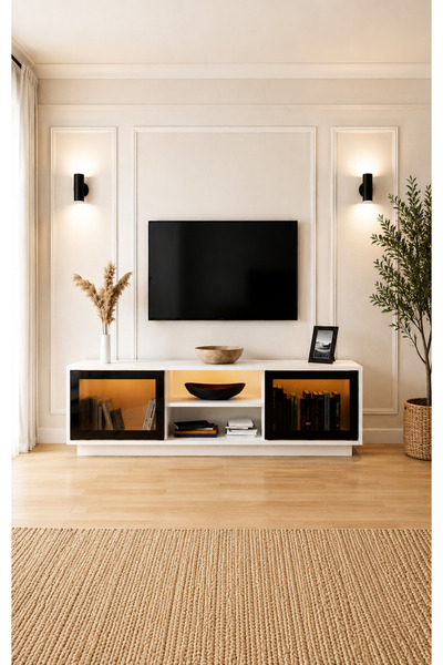 Evdemo Frame 2 Kapaklı Raflı Ledli Tv Ünitesi Beyaz