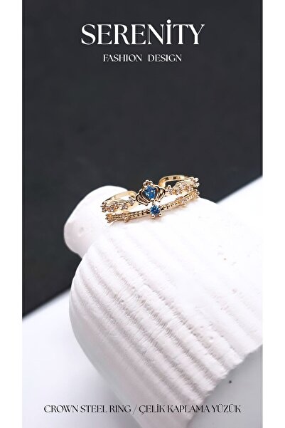 Serenity Steel Plated Ring with Blue Zircon Stone Small Crown Figure