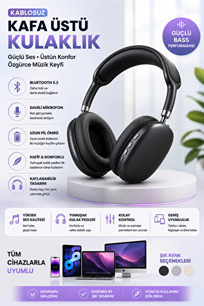 Happy Owl Kablosuz Bluetooth Kafa Üstü Kulaklık – Mikrofonlu, Şarjlı, Katlana...