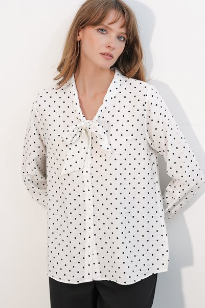 Merterium Women's Polka Dot Scarf Collar Blouse 1427 - Ecru